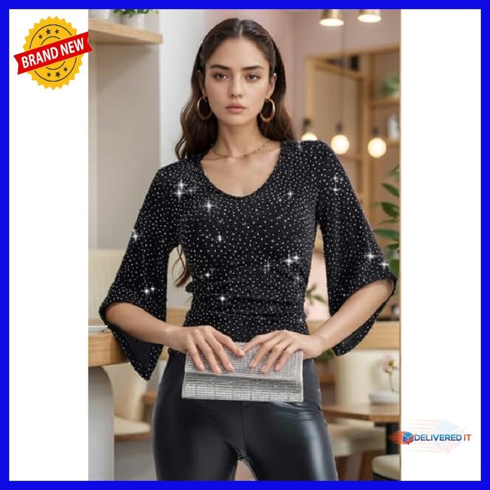 Shiny Glitter Blouse 3/4 Sleeve V-Neck Party Top Slim Fit - Picture 3 of 8